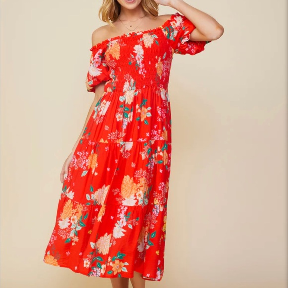 Skies Are Blue Dresses & Skirts - Skies are Blue Women's Fleur Print Off Shoulder Midi Dress Size Small NWT